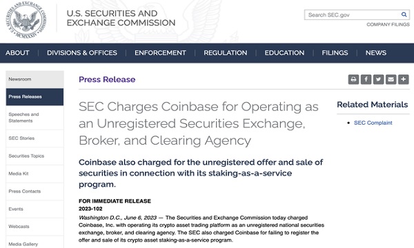 币安之后，Coinbase也遭美SEC起诉（图片来源：SEC官网）