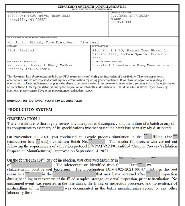 FDA发给Cipla的23页438表格（来源：FDA网站）