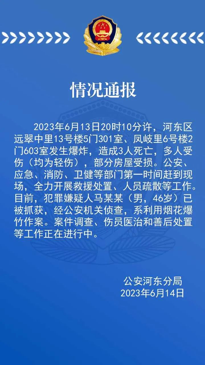 天津两处居民楼发生爆炸，造成3人死亡多人受伤，嫌犯被抓