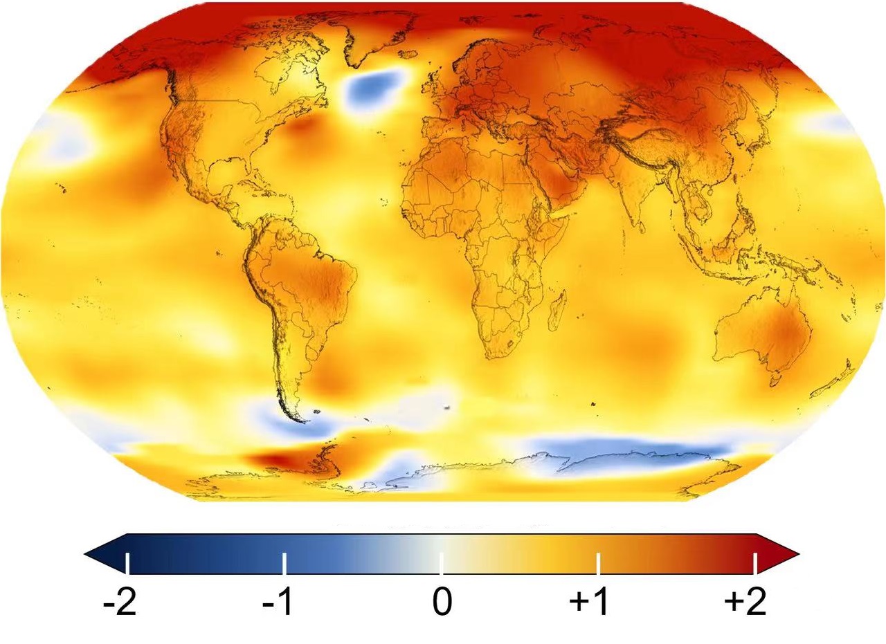 1951-1980年的基准温度与2014-2018年的基准温度对比，显示过去50年全球绝大多数地区都有不同幅度的温度上升。