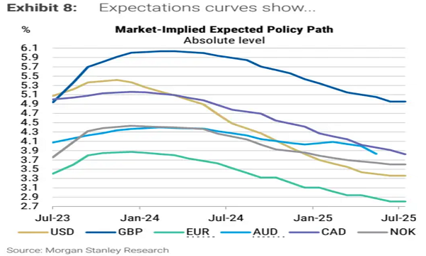 目前市场对美联储、欧洲央行等主要央行利率走势前景的预期（图片来源：摩根士丹利研究部）