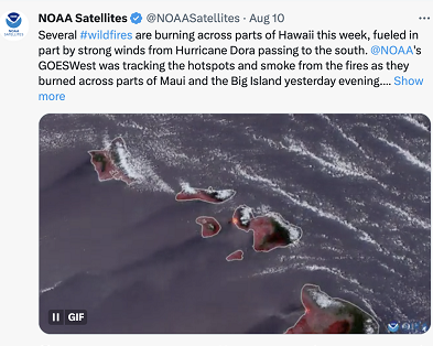 NOAA证实夏威夷部分地区正在燃烧多场野火 （来源：NOAA社交媒体账号）