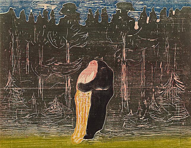 在挪威画家爱德华·蒙克的画作《走进森林》中，观者只能看到两个粘连在一起、向森林中消失的背影