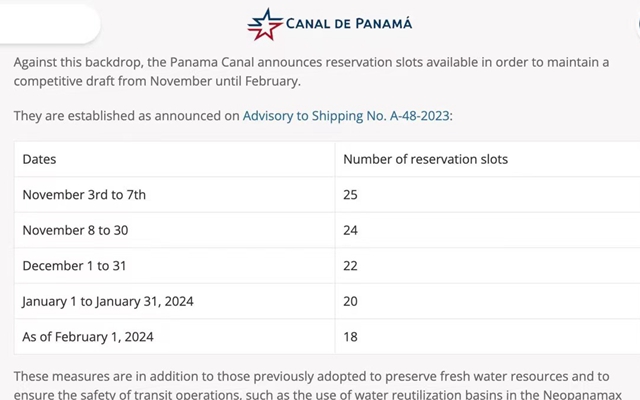 巴拿马运河管理局船只限制安排（目前-2024年2月）