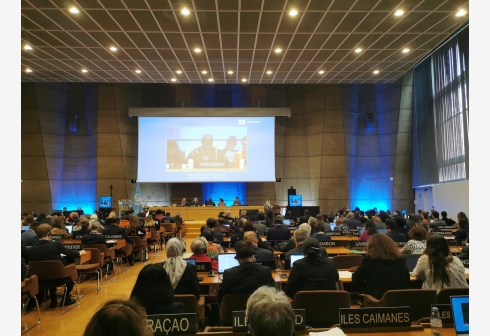 11月9日在法国巴黎拍摄的联合国教育科学文化组织第42届大会现场。新华社