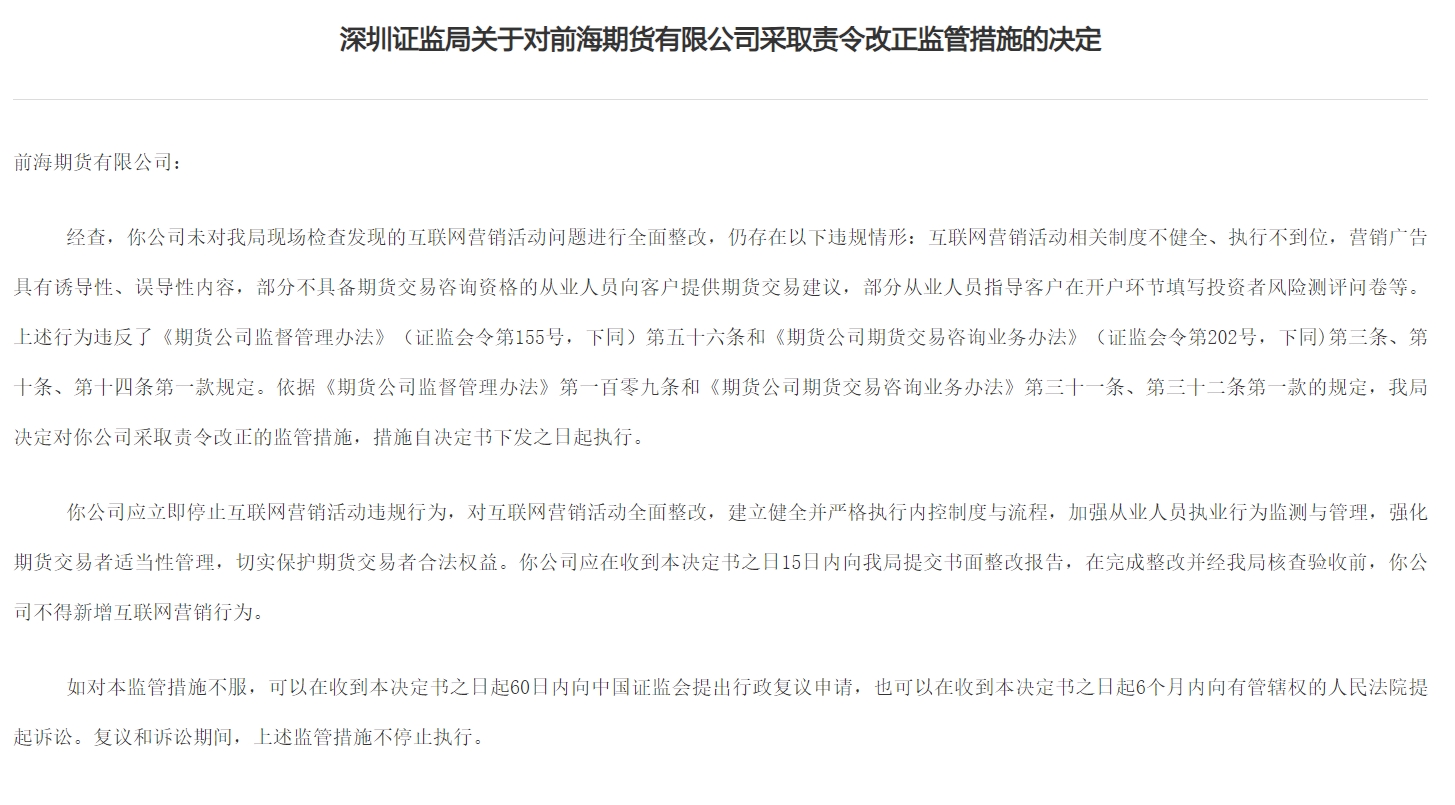 深圳证监局对前海期货有限公司采取责令改正监管措施