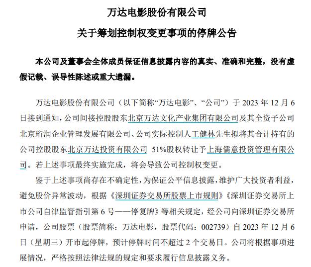 万达电影：上海儒意拟受让北京万达投资有限公司51%股权