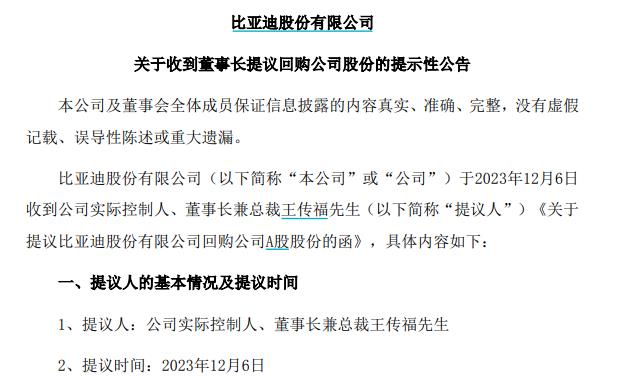 比亚迪：董事长王传福提议2亿元回购部分公司A股股份