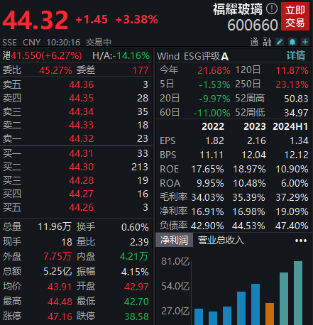 上半年净利润首次超过30亿元，AH股福耀玻璃双双走强