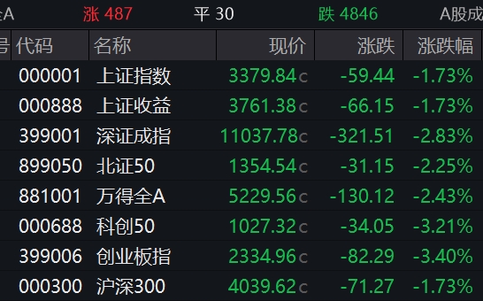 滚动更新丨沪指跌1.73%，创业板指跌3.4%，逾4800股下跌