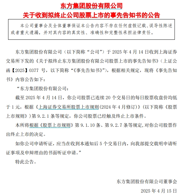 *ST东方：收到拟终止公司股票上市的事先告知书